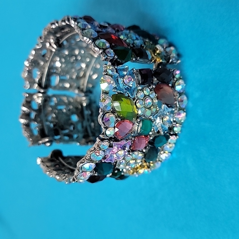 Cocktail Colorful Multi-Color Embellished Floral Rhinestone Stretchable Bangle - Picture 3 of 11